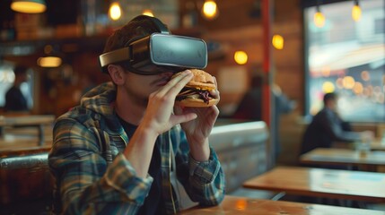 Man in vr eating food  in caffee background