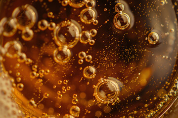 An extreme close up shot small bubbles of beer