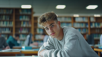 Handsome student in library leans on desk, pensively looking away