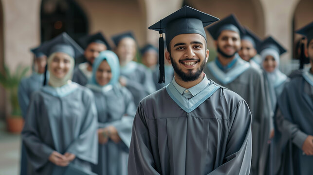 Confident Arab graduate smiling, with peers in background