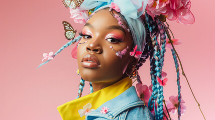 
Artistic portrait of a woman with braided hair adorned with flowers and butterflies, showcasing a whimsical, spring-inspired look. Her attire and accessories emphasize a gentle, nature-connected aest