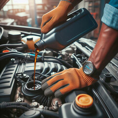 The image shows a man working with a car engine outdoors.