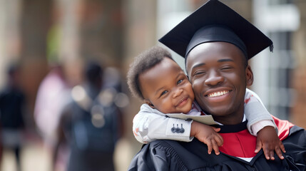 Graduate in regalia joyfully embraces a young child
