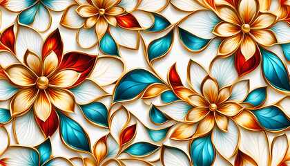 Hintergrund und Vorlage floraler Muster gleichmäßiger Struktur aus Blättern und Blüten glänzend wie buntes Bleiglas Glas mit Gold Einfasung 3D Ornament zur Gestaltung frischer Frühling Sommer Grüße - obrazy, fototapety, plakaty