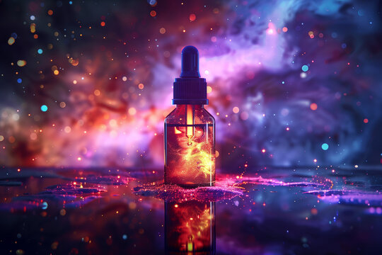 Background for the image of a bottle with serum surrounded by a mystical magical cosmic atmosphere