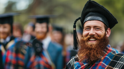 joyful Scotsman graduate with a full beard in tartan attire, exuding happiness