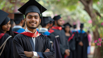 Confident Indian graduate with peers in soft focus