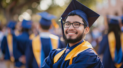 Joyful Hispanic graduate with glasses, smiling in a crowd