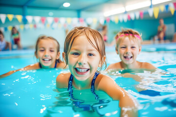 Group of Happy Kids Playing in Indoor Swimming Pool