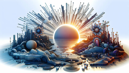 Cybernetic Sunrise 3D Icon: Abstract Sunrays in Digital Landscape with Isolated White Background