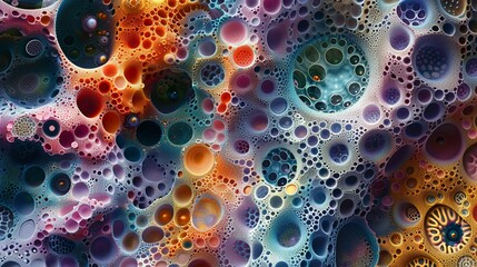 This image presents an abstract interpretation of cellular forms, creating a cosmos-like tapestry rich in colors and intricate patterns. - 781327642