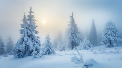 Fototapeta premium Snowy forest with sun in background