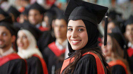 Joyful Arab female graduate with classmates in the background
