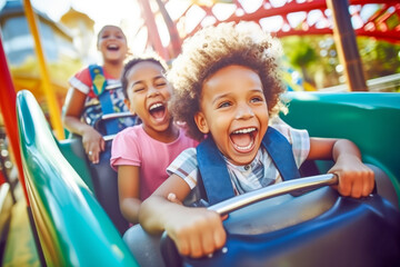 Kids Screaming with Joy on Thrilling Rollercoaster Ride