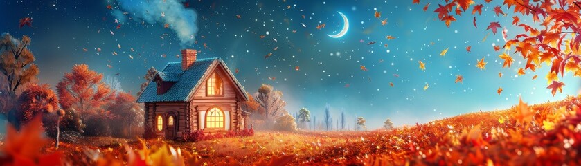 Warm rustic cabin in an autumn forest under a starry night sky - obrazy, fototapety, plakaty