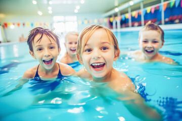 Group of Happy Kids Playing in Indoor Swimming Pool