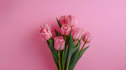 Bouquet of pink tulips flowers on pastel pink background. Beautiful composition spring flowers. Bouquet of pink tulips flowers on pastel pink background. Valentine's Day, Easter