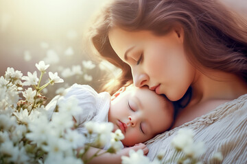 Mother Tenderly Holding Sleeping Newborn Baby