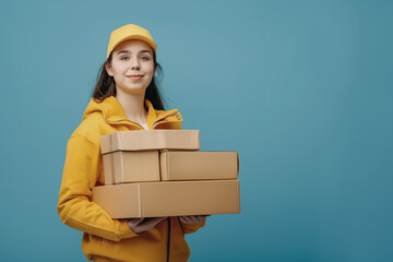 young woman with parcel and boxes delivery