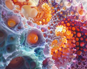 Macro shot that captures the vivid colors and complex textures of cellular structures in an artistic representation - 781327898