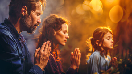 A family of three praying together to God in an act of faith