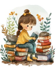 Watercolor illustration of a girl reading and exploring books - 781328007