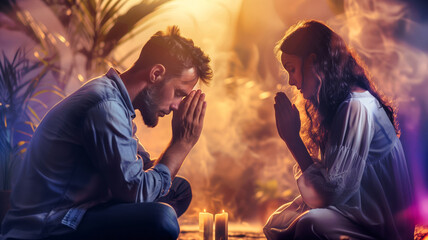 A young couple praying together to God in an act of faith