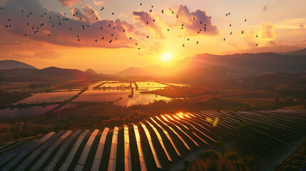 Birds soar above solar panels amidst a fiery sunset in the tranquil valley