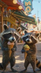 Fototapeta na wymiar A crowded boardwalk witnesses a pair of raccoons accidentally swapping ice cream cones. Vertically oriented fairy tale illustration. 