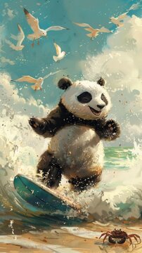 A beach scene unfolds with a panda attempting to surf. Vertically oriented fairy tale illustration. . 