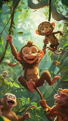 In a lively jungle scene, a clumsy monkey tries to swing from vine to vine but keeps missing. Vertical fairy tale animal illustration.  - obrazy, fototapety, plakaty