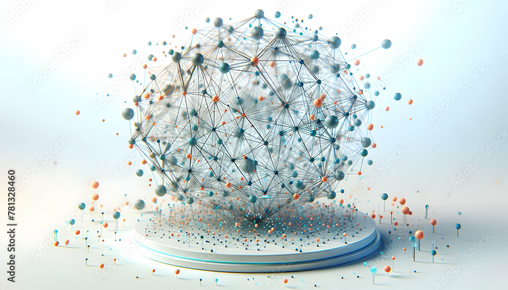 Poster 3d icon: plexus interconnected lines and dots creating a complex web in a digital abstract landscape