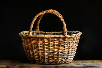 empty wicker basket on black background