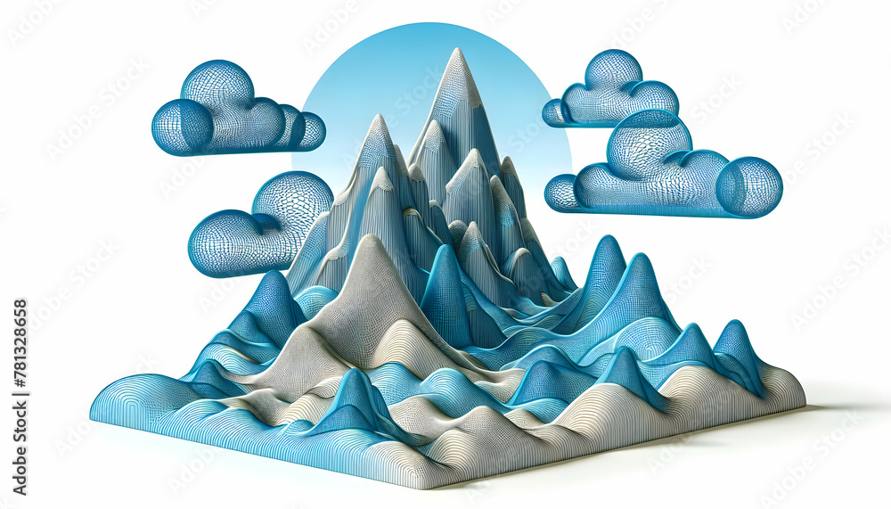Poster synthetic mountain mesh: digital abstract landscape with 3d icon depicting structured data on isolat