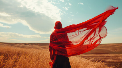 
A woman stands in a field, her long red scarf billowing in the wind against a backdrop of beautiful clouds. Ultra-realistic scene capturing serene beauty.