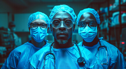 Three healthcare professionals in surgical attire standing confidently