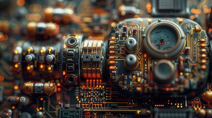 High-detail image of an electronic circuit board with various components and glowing lights, symbolizing technology and complexity. - 781328640