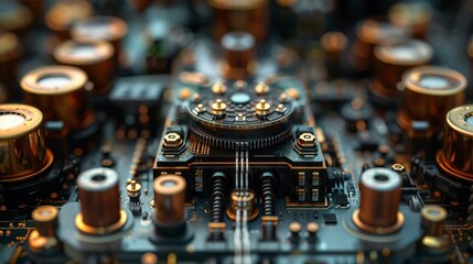 Macro shot of an advanced circuit board showcasing detailed electronic components and a central microchip. - 781328645