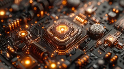 Close-up of a cybernetic core processor with illuminated circuits, reflecting high-end computing power and technology design. - 781328686