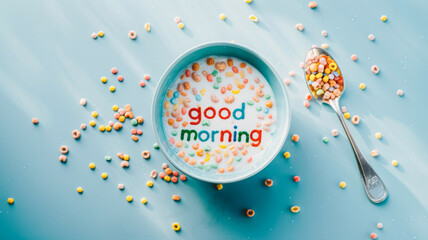 Bowl of cereal with "good morning" message, spoon on side, top view. Cheerful breakfast scene with colorful letters in milk.