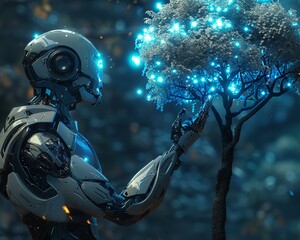 A robot reaching out towards a glowing tree of life, symbolizing a future of harmony between man and machine - 781328691