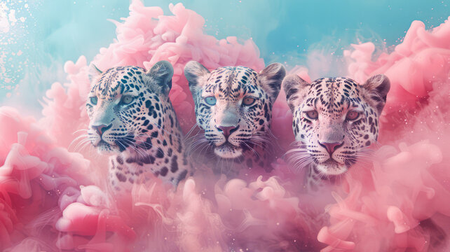 Three calm leopards emerge from pink smoke against a blue backdrop, creating a whimsical scene. Engaging viewer with direct gaze, adding artistic touch to image.







