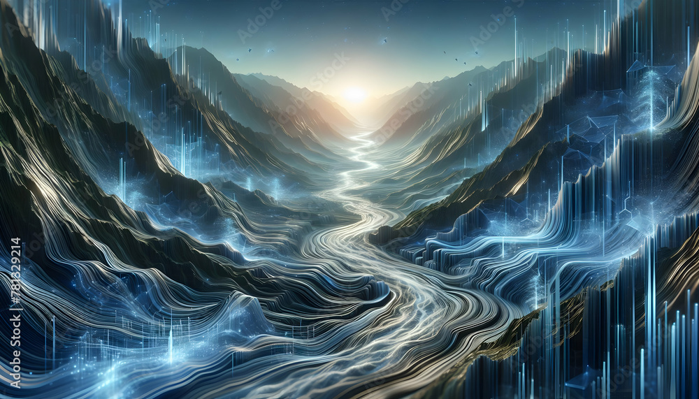 Poster photo real cyber valley stream flowing data streams in a valley of digital abstraction in digital ab