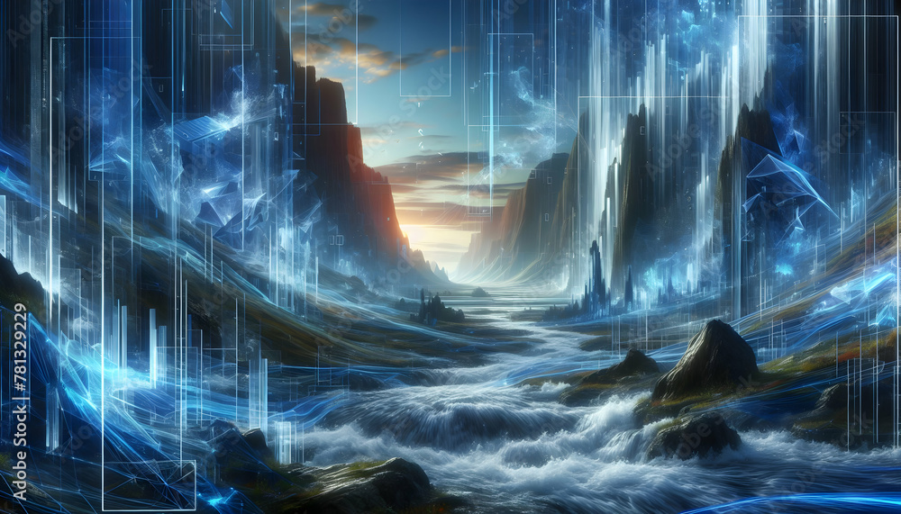 Poster photo real digital abstraction: cyber valley stream flowing data streams in abstract landscape