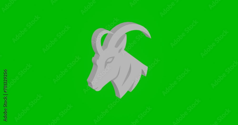 Poster Animation of rotation of a white goat's head symbol with shadow. Simple and complex rotation. Seamless looped 4k animation on green chroma key background