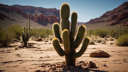 Large cactus reaches upwards in foreground, its green arms adorned with golden spines that glisten under bright sunlight. Ground, mix of sand, rock.