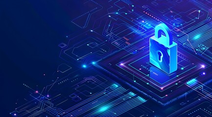 vivid blue digital lock icon overlays an intricate electronic circuit board, symbolizing advanced security and data protection technology