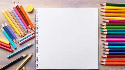 a clean empty sheet of paper surrounded by paints, pencils, stationery, layout, canvas, blank, table, drawing, picture, notepad, colored, bright, notebook, sketchbook