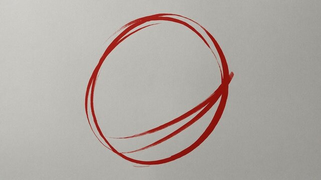 Red circle, drawn with swift, broad strokes of brush, stands out against plain, light background. Brushstrokes uneven, textured, revealing bristles of brush used to create them.