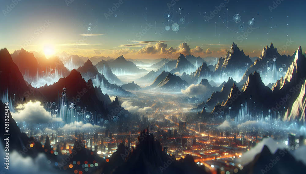 Poster photo realistic data peaks panorama: a digital landscape representing data points in abstract backdr